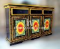 PAINTED FLOWER CARVED PANEL MULTI COLOUR BLACK SIDEBOARD