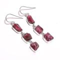 925 sterling silver natural pink tourmaline raw gemstone dangle earrings
