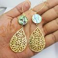 Long Drop Round Abalone Shell Earrings with Gold Charm