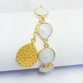 Rainbow Moonstone Bezel Connector Bracelet with Gold Fancy Charms