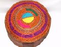 Real Genuine Leather Ethnic Round Multi color Handmade Embroidered Pouf Cover