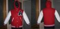 Scarlet Red and White Man Baseball Varsity Jackets
