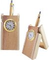 Wooden Table Clock Pen Stand