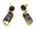 Black Agate and Black Druzy Gemstone Stud Earring with Gold Plated