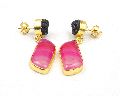 Pink Agate and Black Druzy Gemstone Stud Earring with gold plated