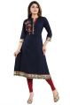 Elegant Ethnic Navy Blue Rayon Cotton Flared Long Kurti With Designer Embroidery