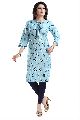 Sky Blue Jute Cotton Printed Kurta For Everyday Wear With Befitting Buttons