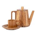 Flat Wooden Cup & Saucer Set with Kettle