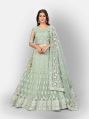 GREEN EMBROIDERED NET SEMI STITCHED LEHENGA GREEN