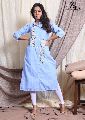 Solid Shirt Collar 3/4 Sleeves Cotton Gaaba floral embroidered brilliant blue kurti