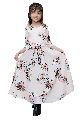 Girls Beige Floral Printed V Neck Fit and Flare Gown with Belt
