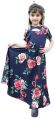 Girls Blue Floral Printed Keyhole Neck Fit and Flare Gown