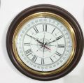 Mango Wood Brown Golden and White Round wooden brass ring wall clock