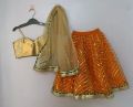 Cotton Silk Golden Organge Sleeveless Printed festival wear kids ghagra choli