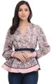 Casual Roll Up Full Sleeves Printed Women Pink Top With Belt