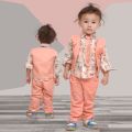 Cotton Silk Printed peach boys pant shirt jacket bow tie set