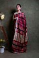 Red Printed Pure Linen Check Saree