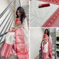 Licthi Silk Pink & White Printed 222 pink white litchi silk sarees