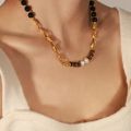 Freshwater Pearl Agate Tiger Eye 18k Gold Plated Necklace