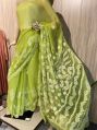 Unstitched Handloom Green Net Ladies Hand Embroidered Saree