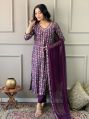 Purple Cotton 3/4 SLeeve Printed ladies kurta set