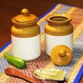 Rustic Dual Tone White & Brown Ceramic Pickle Jar Set