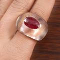 Gemstone Non Polished Red & Clear natural crystal quartz ruby faceted ring