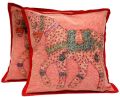 2 Red Handcrafted Applique Patchwork Ethnic Indian Horse Throws Pillow Krishna Mart Cushion Covers