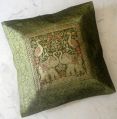 Traditional Green Ethnic Indian Elephant Embroidered Silk Throw Cushion Pillow Cover Banarasi Brocade Work