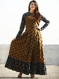 Maroon Rust Indigo Beige Hand Block Printed Long Cotton Dress With Box Pleats