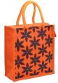 Orange Color Flower Design Orange Rope Handle Jute Burlap Lunch Tiffin Outdoor Handbag Bag