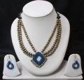 Terracotta Designer Jewelry 3 Layered Golden Beaded Blue Pendant Set